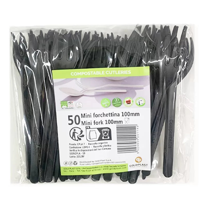 50pz Mini Forchettine finger food in CPLA nero Compostabile - 10cm