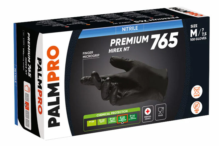 Guanti monouso Palmpro Premium 765 Hirex nt in Nitrile Nero – Alta Resistenza e Comfort 100 pezzi