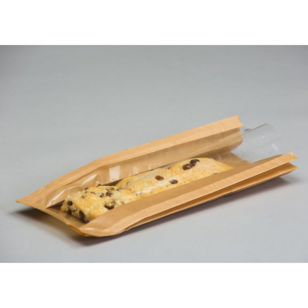 500pz Sacchetti baguette antigrasso termosaldati carta kraft avana con finestra 15x35cm